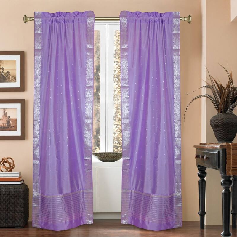 Lavender Rod Pocket Sheer Sari Curtains w/ Silver Border-Pair