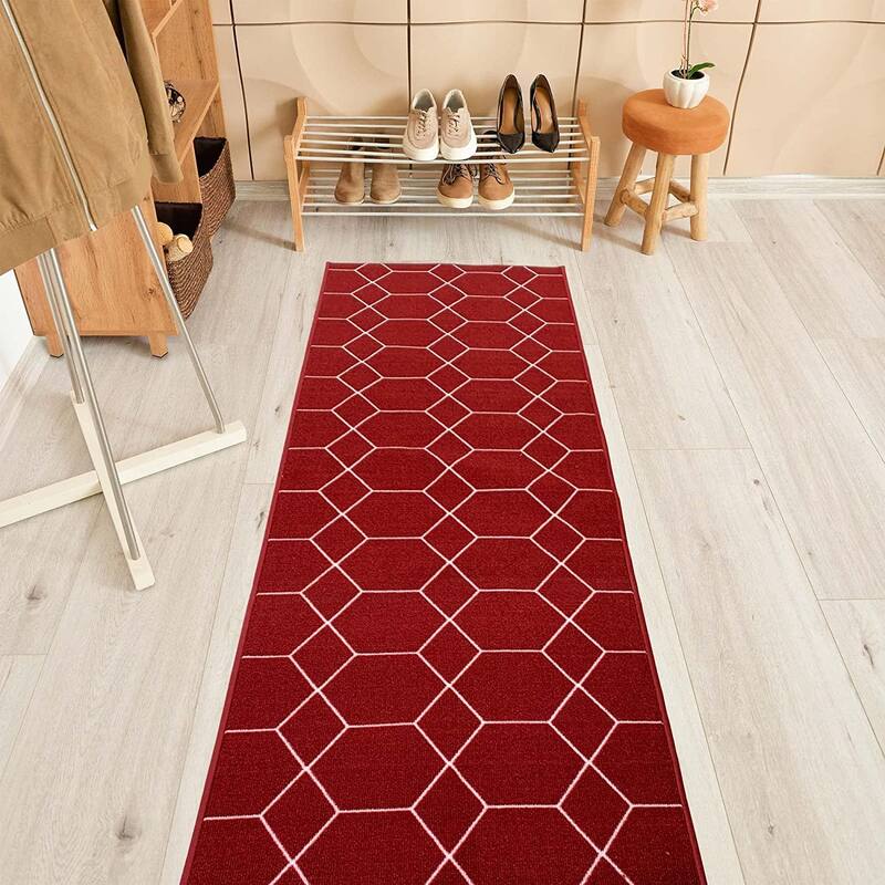 Custom Size Hexagon Red 26 Inch Wide Non-Slip Stair Runner Rug