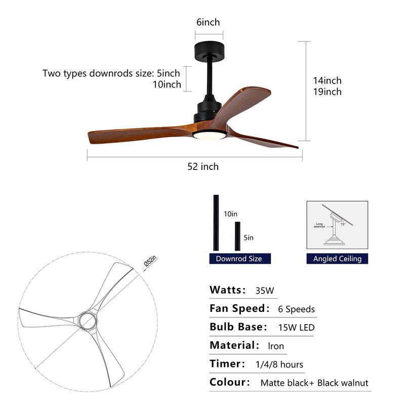 52 Inch Wood Ceiling Fans With Lights and Remote Control, Reversible DC Motor, Black Ceiling Fan For Living Room, Bedroom