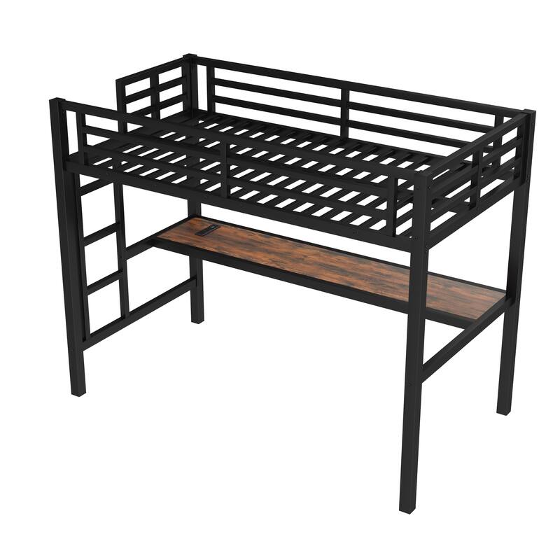 Metal Twin Size Loft Bed with Power Outlet and LED Lighted, Space-Saving, Noise Reduced, Black