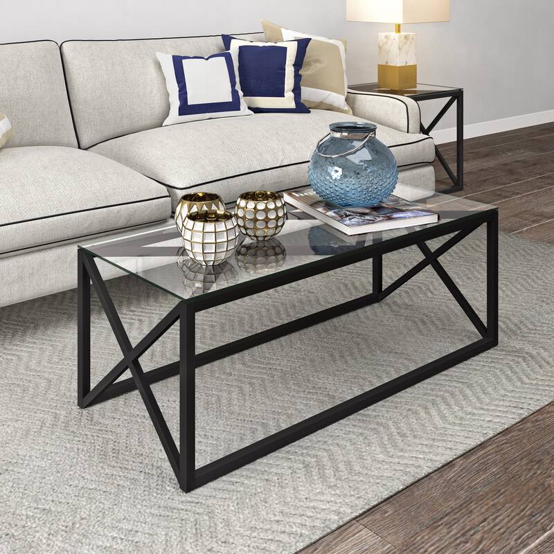 Dixon Geometric X-Base Metal & Glass Coffee Table (Optional Finishes)