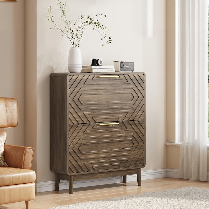 Mid-Century Modern 31.5" Walnut Shoe Cabinet – Freestanding Organizer Equipped With 2 Flip-Top Drawers. - Walnut
