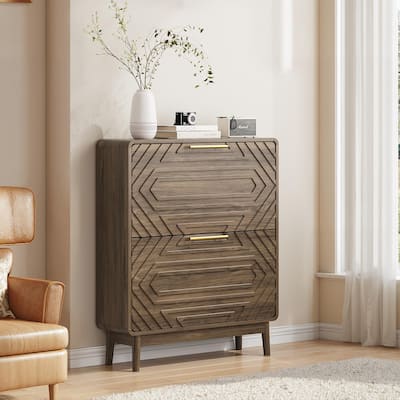 Mid-Century Modern 31.5" Walnut Shoe Cabinet – Freestanding Organizer Equipped With 2 Flip-Top Drawers.