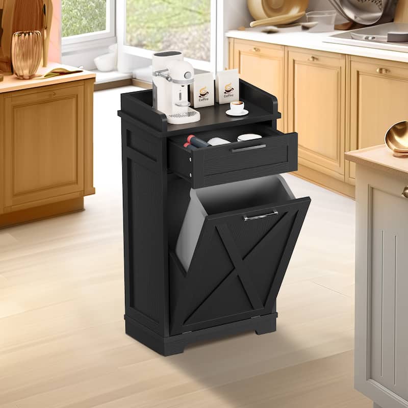 Kitchen Wooden Tilt Out Trash Can Cabinet Freestanding Trash Bin Holder
