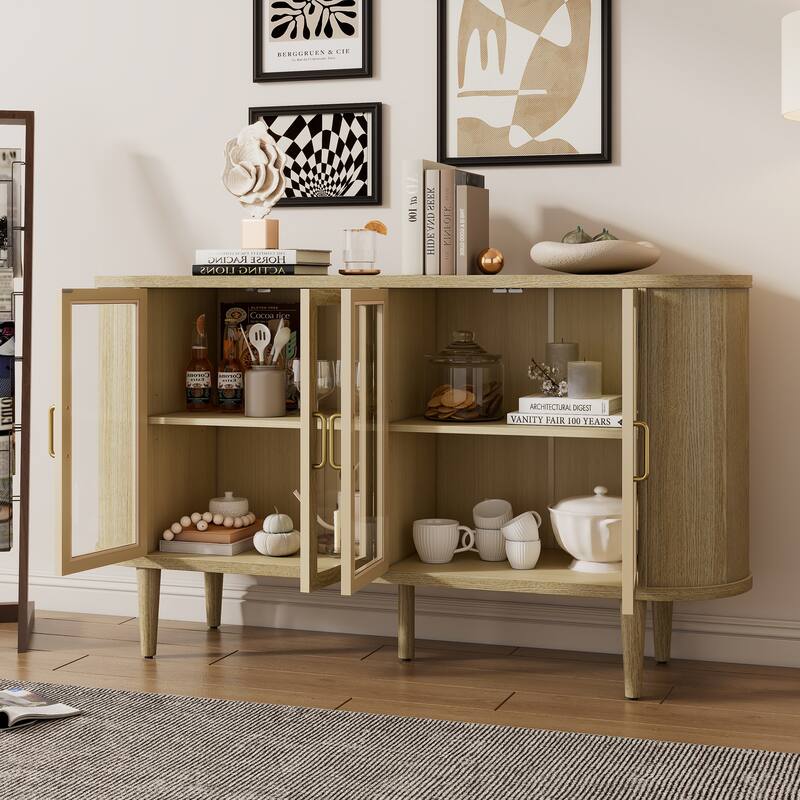 Buffet Cabinet with Glass Doors, Multifunctional Solid Wood Sideboard, Storage Cabinet with Adjustable Shelves & Oval Tabletop