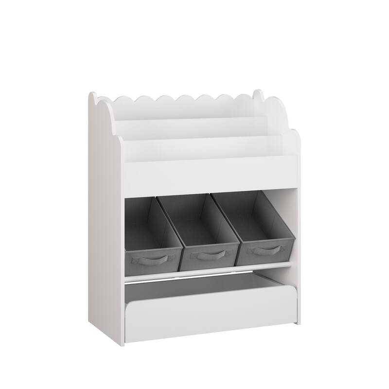 Kids Bookshelf with Storage Bins and Drawer,Multi-Functional Wooden Book Organizer for Toddlers,White Bookcase for Toys, Books