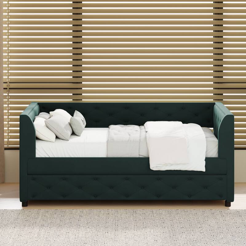 Upholstered Velvet Bed Frame, Twin Size Tufted Daybed with Side Storage Bag, Pull-out Trundle and Button Backrest Headboard