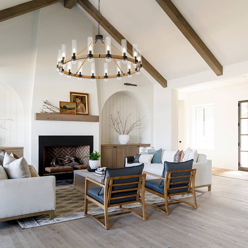 Modern Rustic Wagon Wheel Chandelier with Clear Glass Shades & Hemp Rope Accents