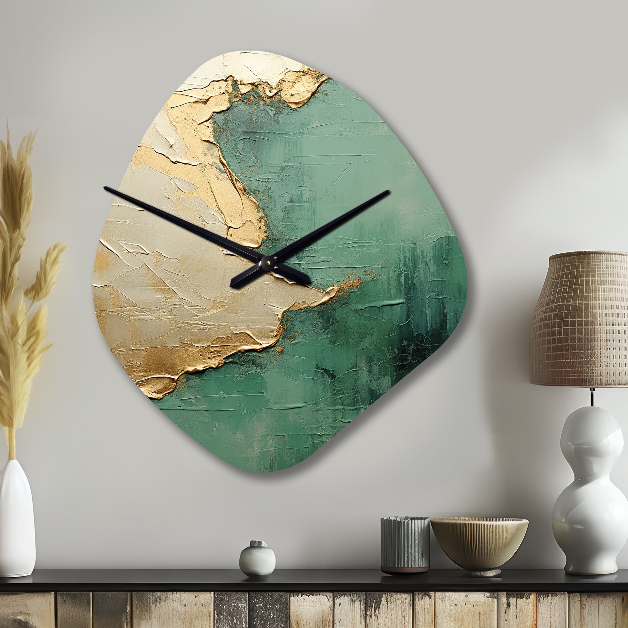 Designart - Gold And Green Paint Fusion II - Abstract Painting Large Wall Clock in Nebula Shape - Modern Wall Clocks