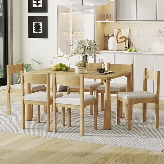 7-Piece Farmhouse Solid Wood Dining Table Set with 6 Upholstered Chairs ...