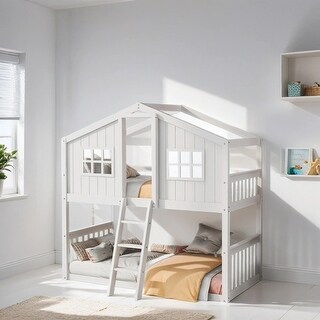 House Shaped Kids Furniture Twin Over Twin House Bunk Bed Kids Bed With Ladder Wood Bed, White