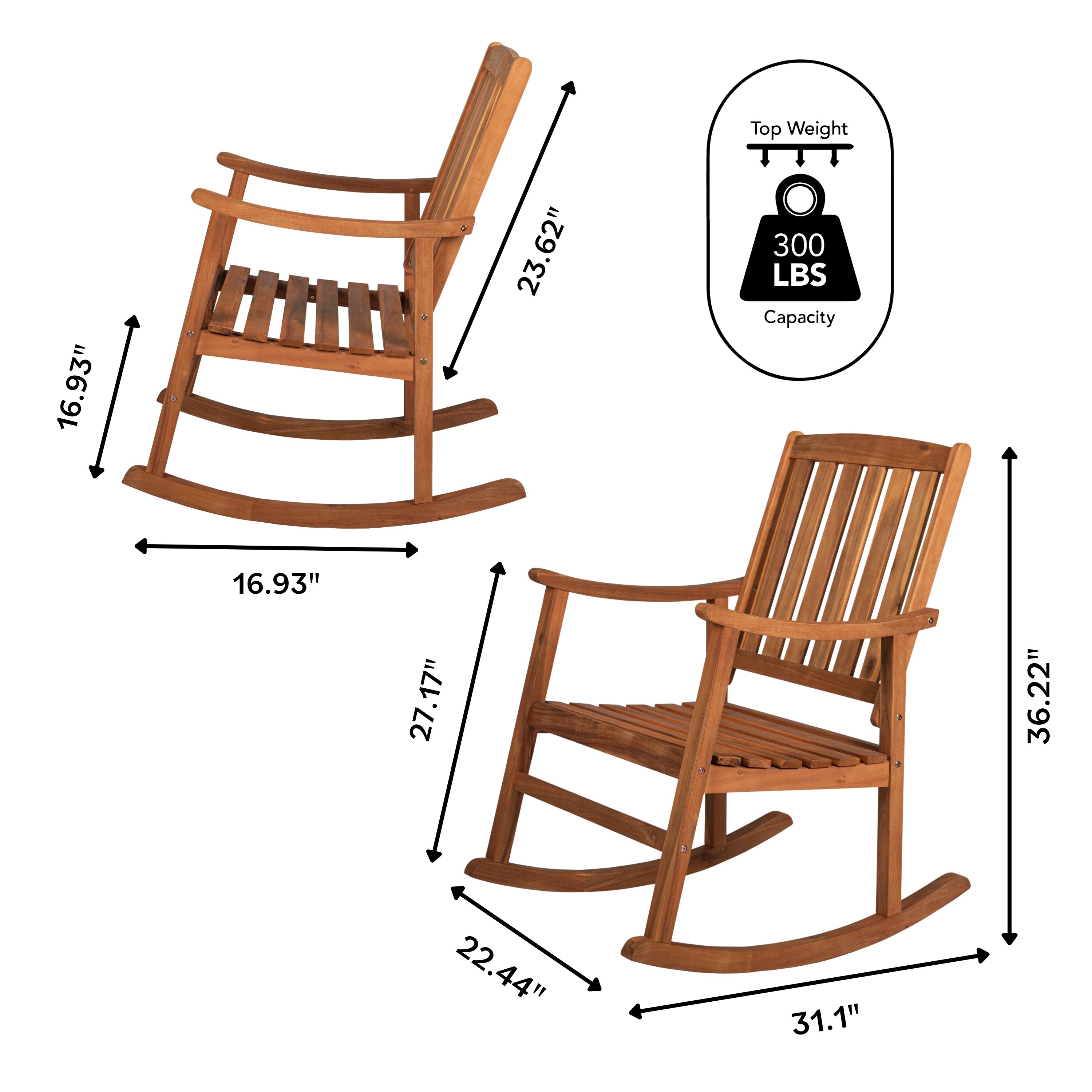 Wood Rocking Chair Oversized Acacia Wood Slat Back Rocker Chairs Support  350 lbs