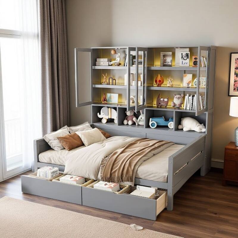 Solid Wood Full Size Daybed with Glass Door Cabinet, LED Light Display & Shelves, Multi-Use Sofa Bed for Bedroom or Office - Full Gray - Twin