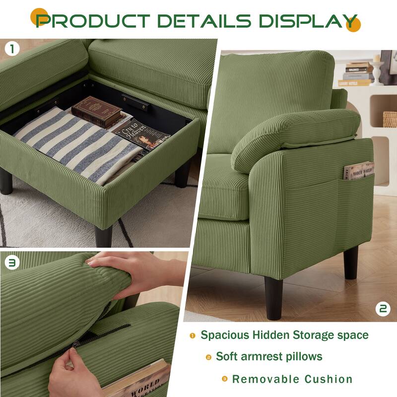 3 Pieces Corduroy Living Room Set with Sectional Sofa, Ottoman and Chair