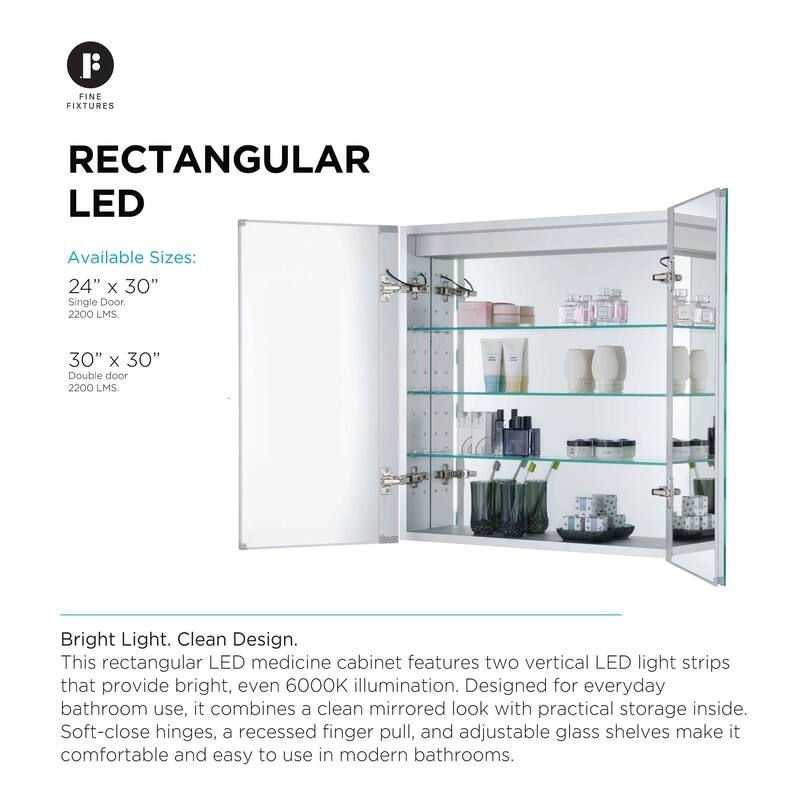 Bathroom Medicine Cabinet, Aluminum, Recessed/Surface Mount, Mirrored Interior w/LED