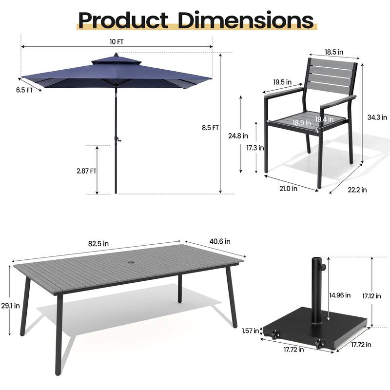 11PC Outdoor Patio Dining Set Aluminum Table with Stackable Armchairs w/ Premium Market Umbrella Sets