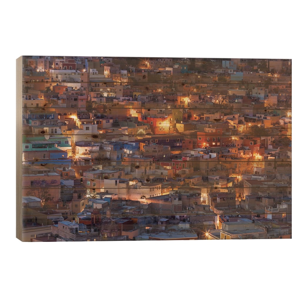 Mexico, Guanajuato. Street lights add ambience to this twilight village scene. Print On Wood by Brenda Tharp - Multi-Color