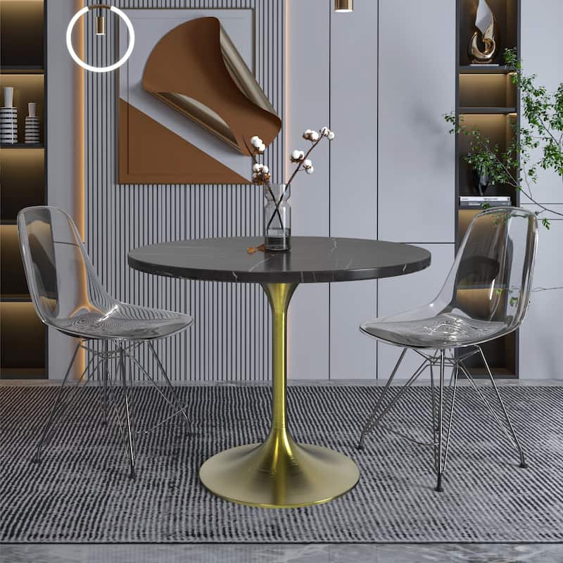 Verve 36" Round Dining Table with Stone Top and Brushed Gold Base - 29.34" H x 35.43" W x 35.43" D