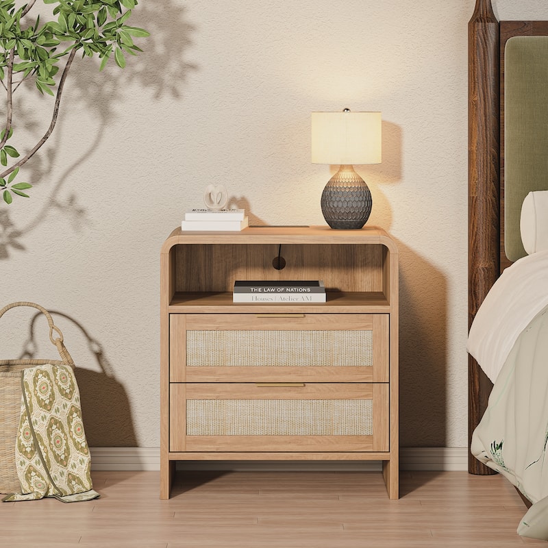 Rattan Nightstand with Charging Station, 2 Drawers & Open Shelf, 22.8" Wide Curved Wooden Bedside Table
