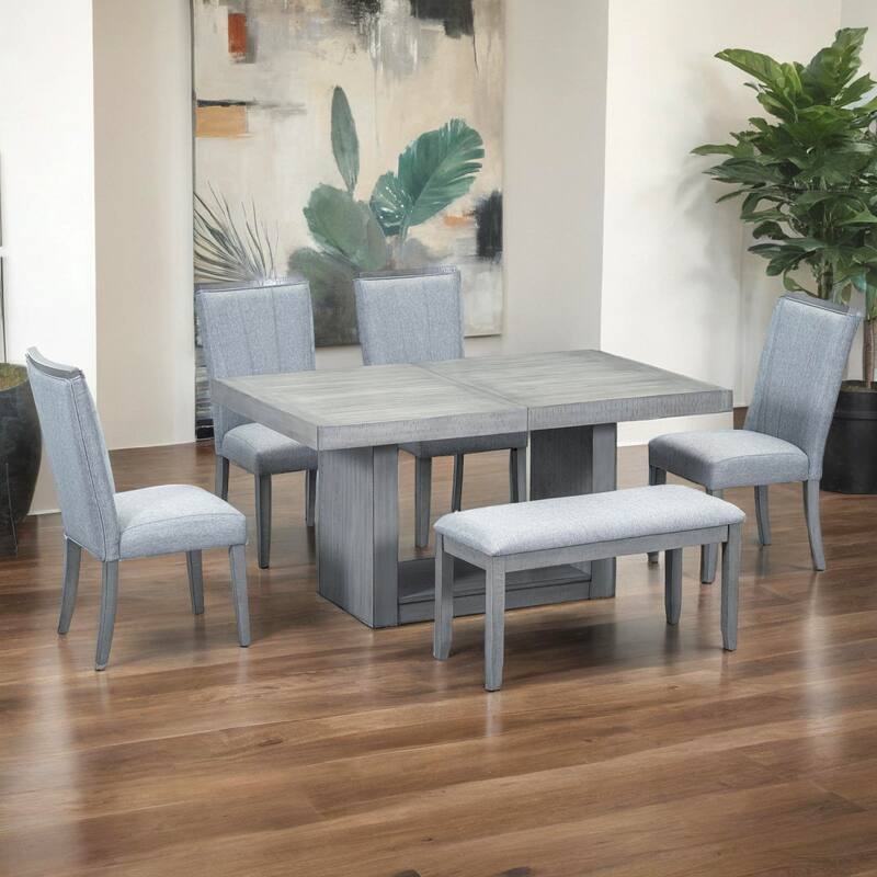 6-Piece 78inch Extendable Pedestal Dining Table Set with 18inch Removable Leaf and Dining Bench, 4 Upholstered Dining Chairs