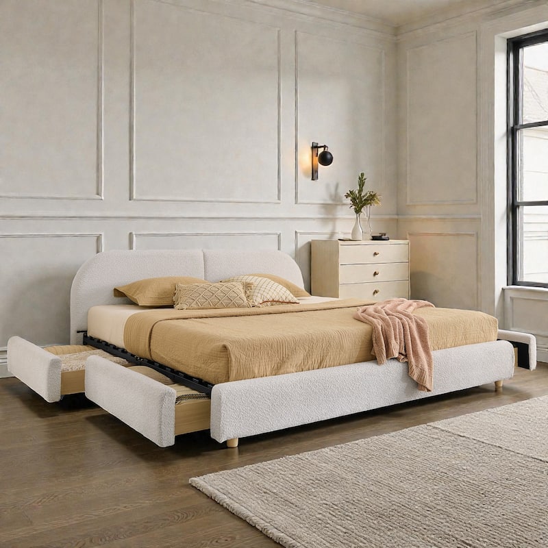Upholstered Bed Frame with Tall Curved Headboard and Storage Drawers, Modern Minimalist Platform Bed No Box Spring