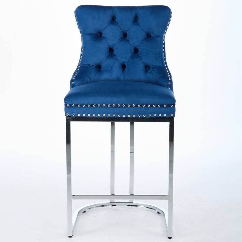 Counter Height Bar Stools Set of 2, Velvet Upholstered Accent Chairs with Button Back, Rivet Trim and Chromed Metal Base Legs