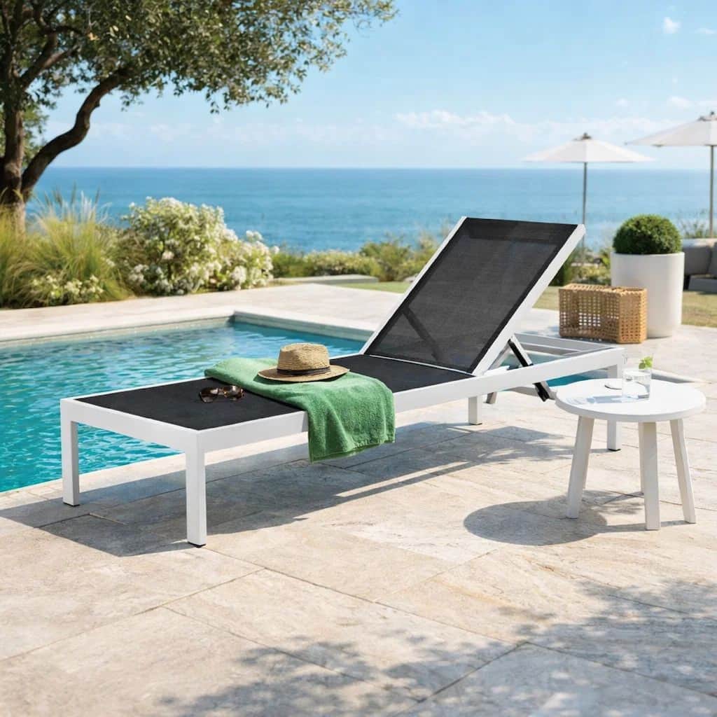 Edie 76 Inch Outdoor Adjustable Chaise Lounger, Metal, Black Textilene