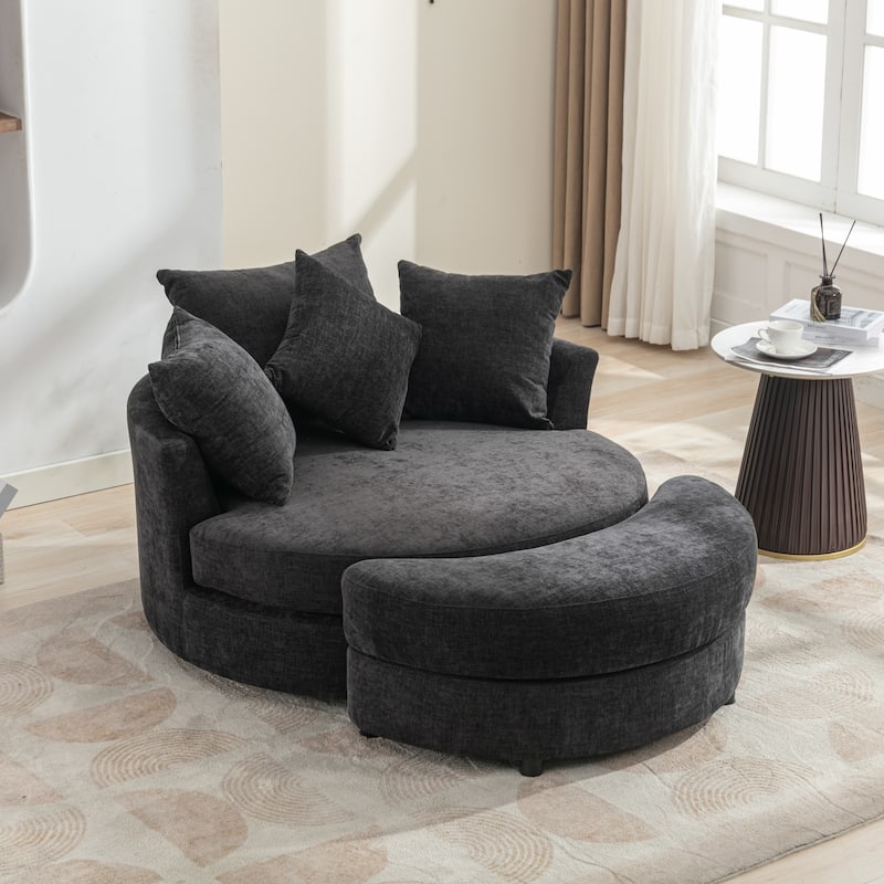 Roomfitters Modern 360° Swivel Barrel Chair with Hidden Storage Ottoman, Chenille Upholstery and Four Pillows - Grey