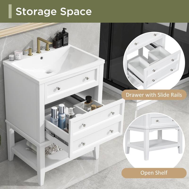 24" White Bathroom Vanity Base - Solid Wood & MDF Cabinet, Open Shelf & Drawer, Freestanding Design