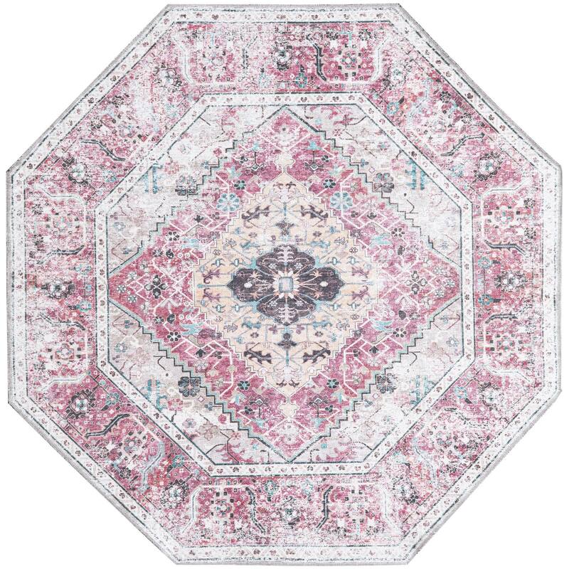 Traditional Tira Collection Area Rug - 5'x5' Octagon - Light Coral-Pink
