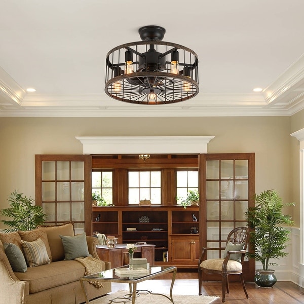 20 in. Low Profile Ceiling Fan Light Modern Farmhouse Wood Finish Caged Ceiling Fan with Light and Remote Wood Grain Ceiling Fan