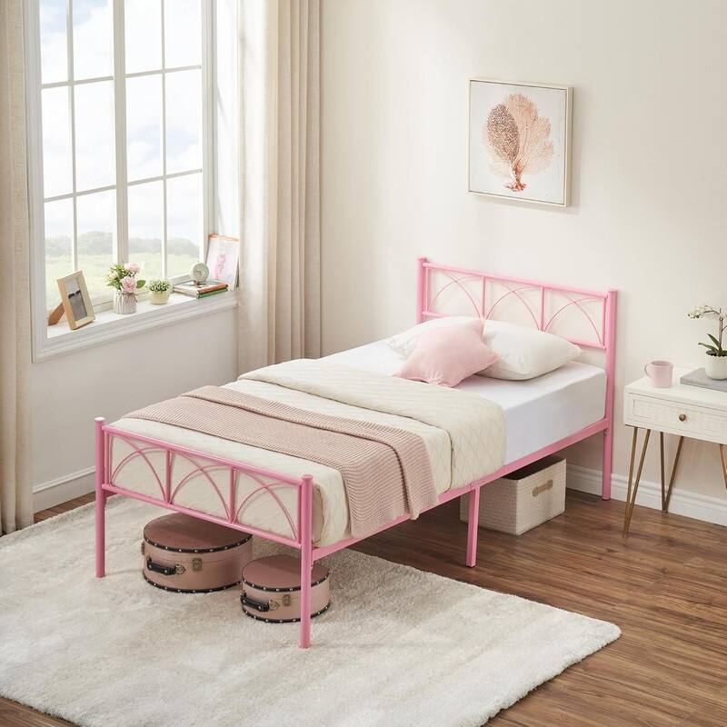 Twin Size Sturdy Modern Stylish Iron Bed Frame with Headboard - Pink - Twin