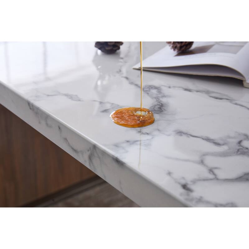 Elegant Luxurious Imitation Marble MDF Dinning Table for 6 or 8, Rectangular 63"L*35.4"W*29.8"H, Walnut+Stainless Steel