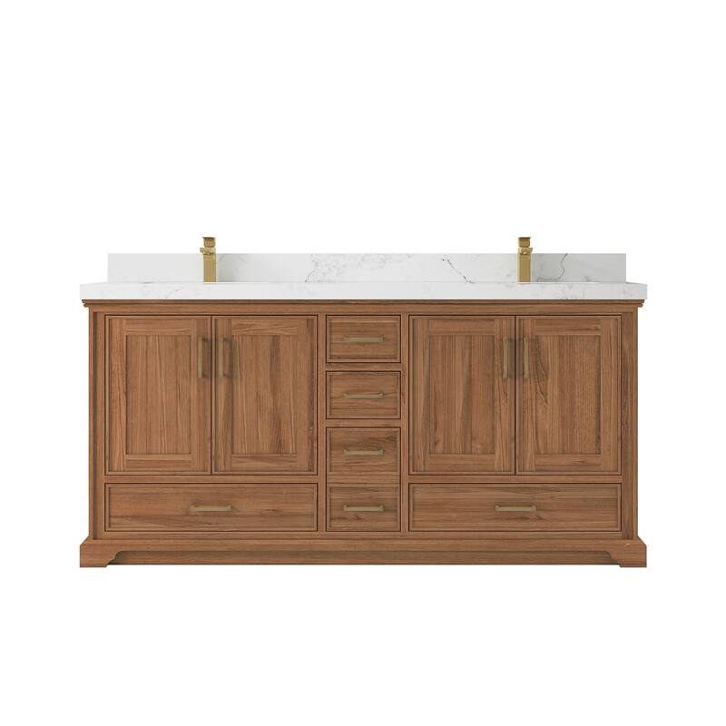 Willow Collections 72 in. W x 22 in. D Charlotte Teak Double Sink Bathroom Solid Teak Vanity with Countertop - 2”Calacatta Nuvo - Dark Natural