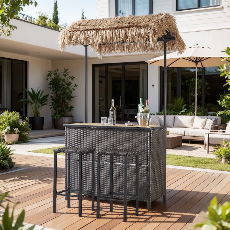 Pocassy Outdoor Patio Tiki Bar Set with 2 Stools Storage for Garden - Brown