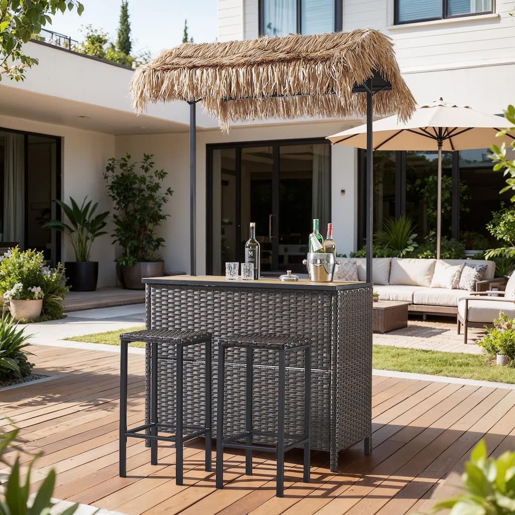 Pocassy Outdoor Patio Tiki Bar Set with 2 Stools Storage for Garden
