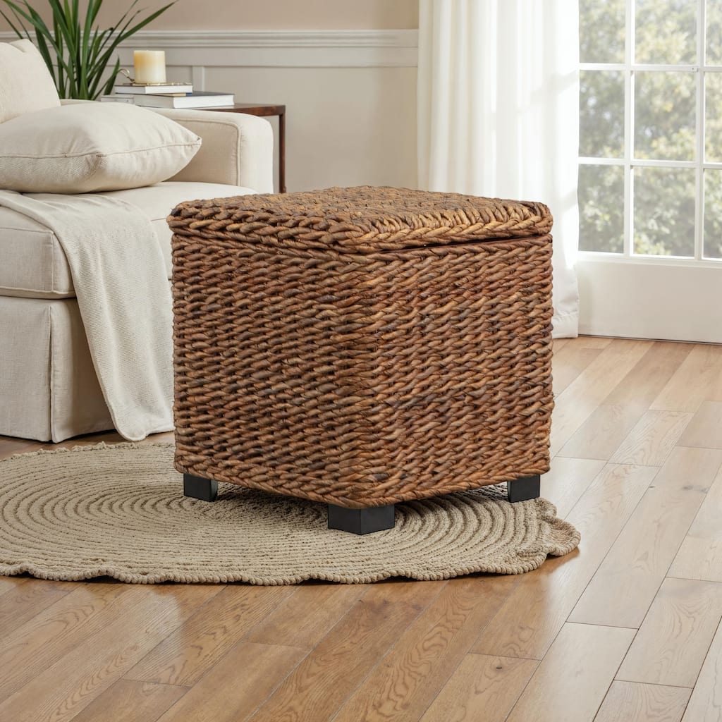 Woven Banana Leaf Cube Storage Trunk with Lift-Top Lid