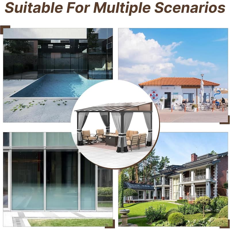 Wall Mounted Gazebo, Hardtop Permanent Outdoor Shade Canopy with Curtains for Deck, Backyard, Patio