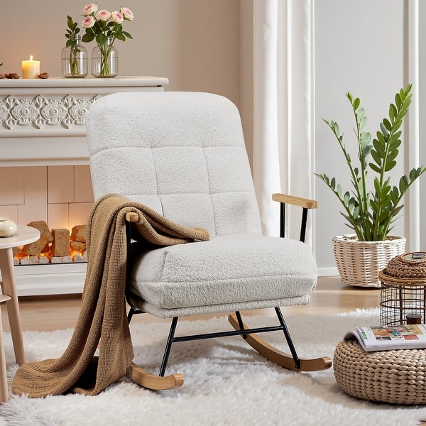 slide 2 of 17, VECELO Rocking Chair Nursery Teddy Fabric Modern Upholstered Glider Rocker with High Backrest for Living Room & Bedroom White