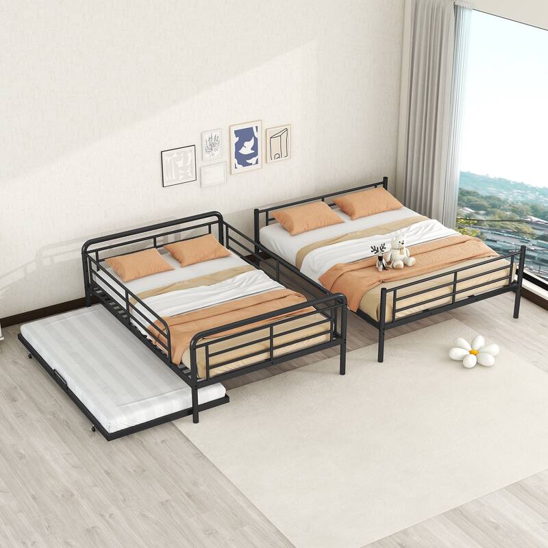 Full XL Over Queen Metal Bunk Bed with Twin Trundle, Space-Saving Design, and Safety Guardrails