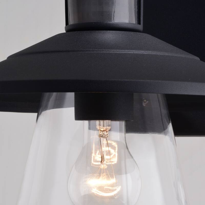 Westport Steel LED Compatible Black Motion Sensor Dusk to Dawn Outdoor Wall Light Coastal Clear Glass