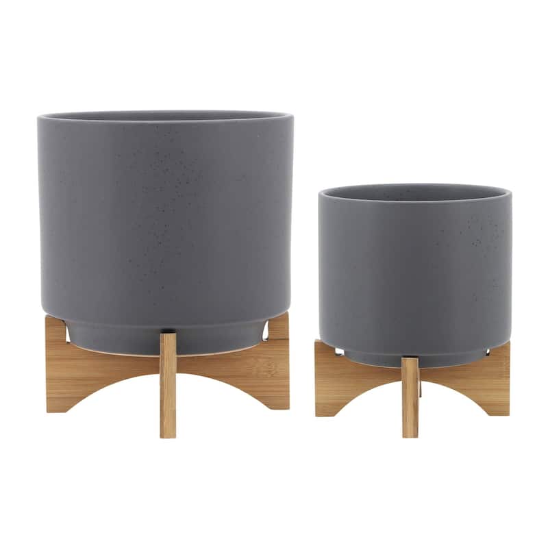 8 & 10 inch Ceramic Planter with Wooden Stand,Set of 2