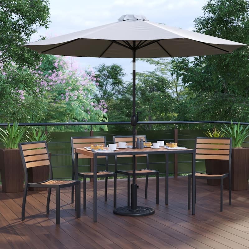 Faux Teak Patio Table, 4 Chairs & 9FT Patio Umbrella with Base - Gray