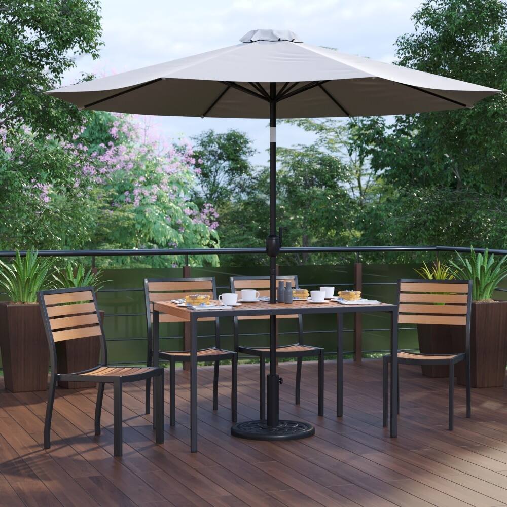 Faux Teak Patio Table, 4 Chairs & 9FT Patio Umbrella with Base - 30"W x 48"D x 29.5"H