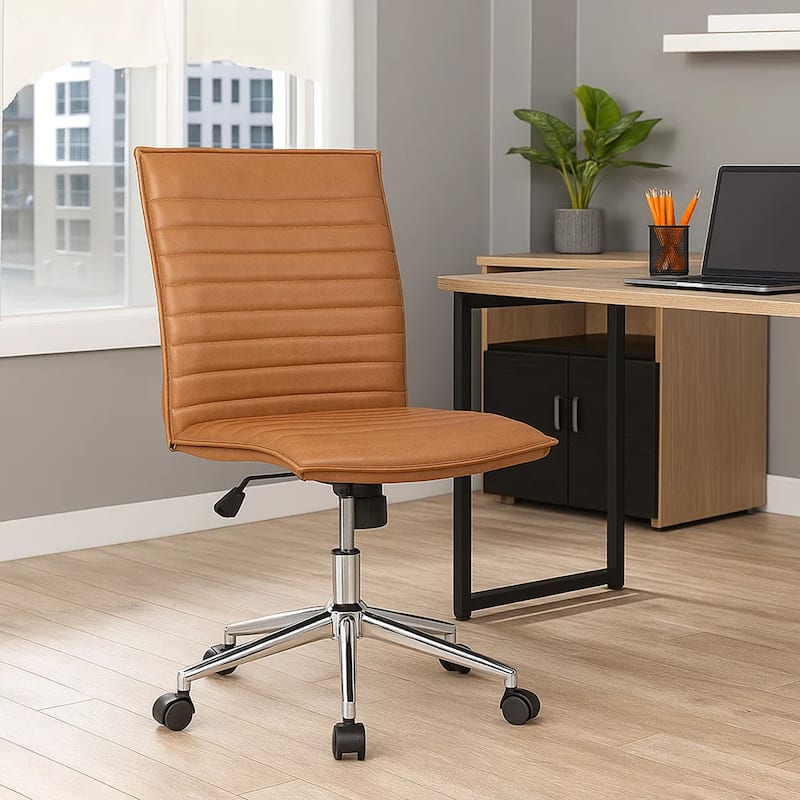 Haily Rolling Armless Commercial Grade Chair with Chrome Base, Caramel Brown Vinyl