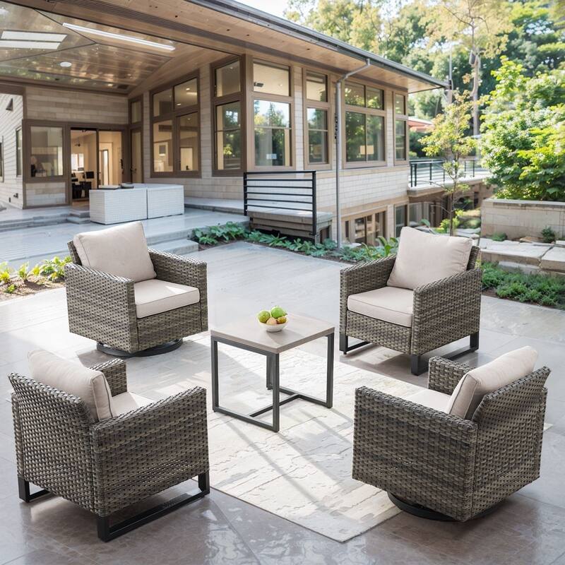 Gymojoy 5-Piece Outdoor Wicker Furniture Set - 2 Swivel Glider Chairs, 2 Patio Chairs & Side Table - Beige - 5-Piece