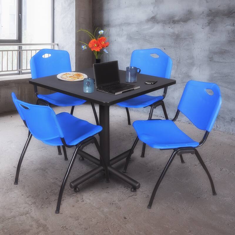 36" Square Breakroom Table- Grey & 4 'M' Stack Chairs- Blue - Grey, Blue - 36