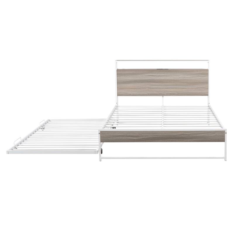 Full Size Metal Platform Bed Frame with Trundle, USB Ports, and Slat Support, No Box Spring Needed, White