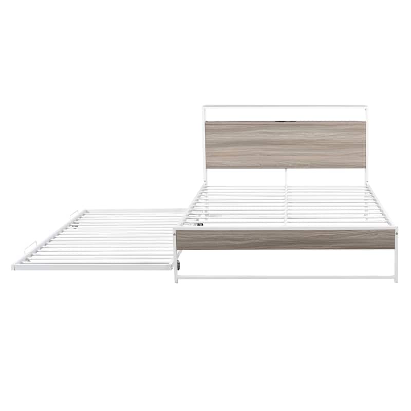 Metal Bed Frame Platform Bed with Storage Headboard, Pull-Out Trundle Bed, USB Ports, Metal Slat Support