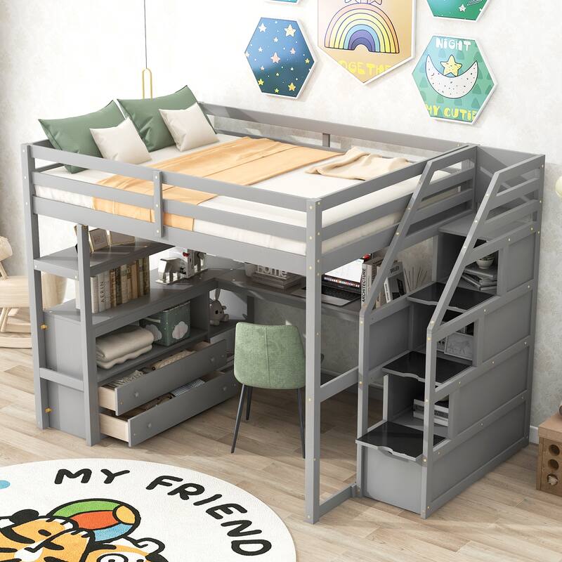 Full Size Loft Bed with Desk, Shelves, Drawers, and Storage Staircase in Gray